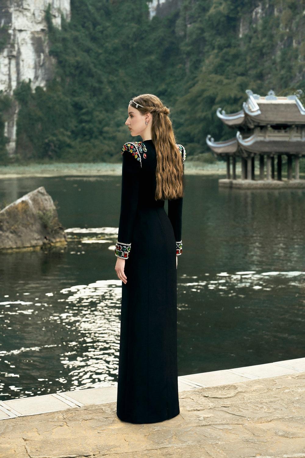 Long Sleeve Stone Embellished Shoulder Dress - TRACY COUTURE